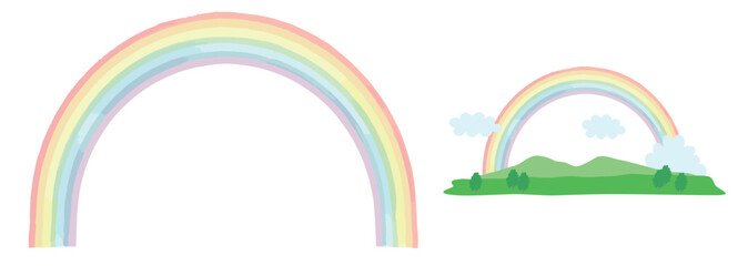 淡い色の虹、虹と景色、ベクターイラスト