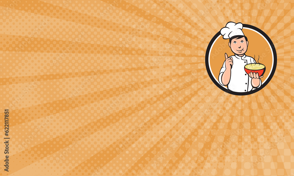 Poster business card showing illustration of an asian chef holding a bowl of noode and doing the number one