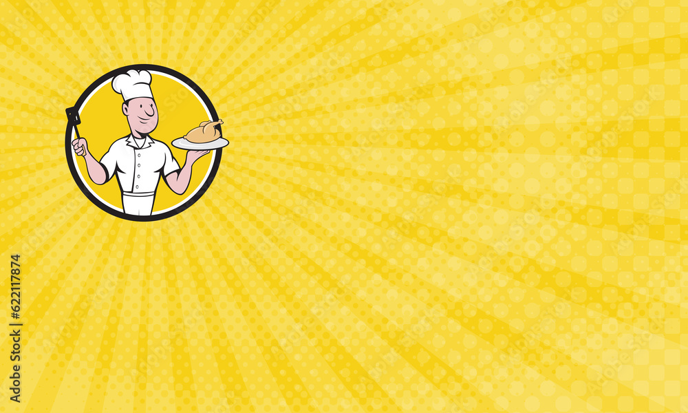 Poster business card showing illustration of a chef cook serving roast chicken on a platter on one hand and