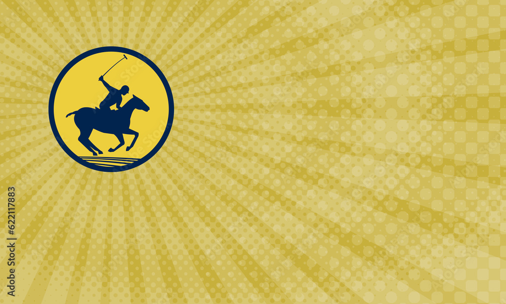 Poster business card showing illustration of a polo player riding horse with polo stick mallet viewed from 