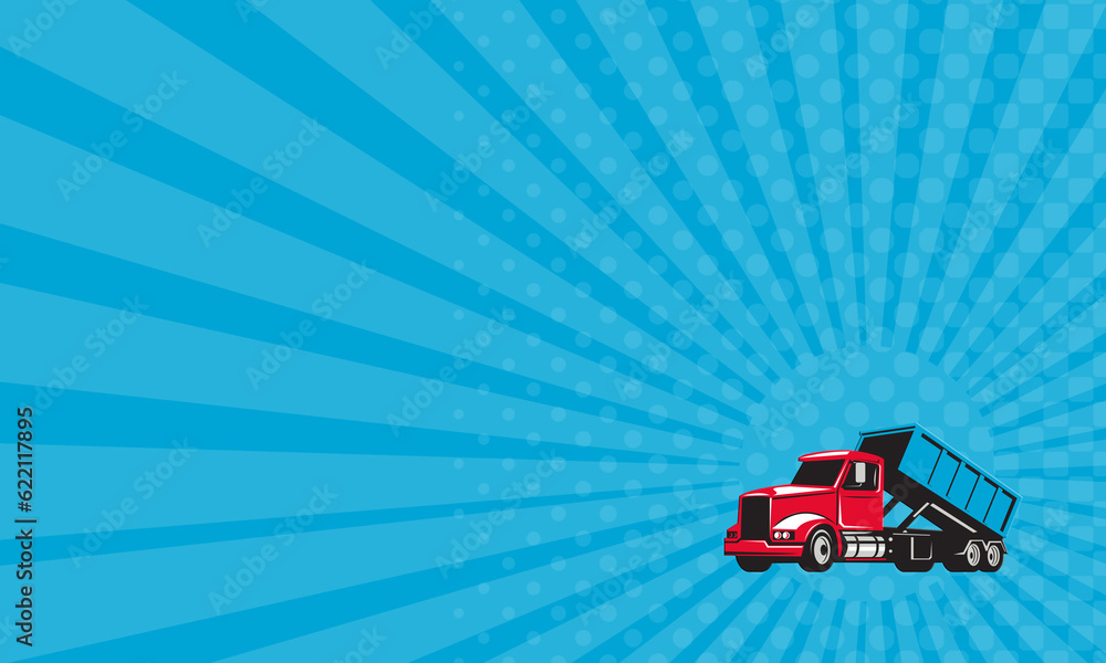 Poster business card showing illustration of a roll-off truck with container bin on back viewed from side s