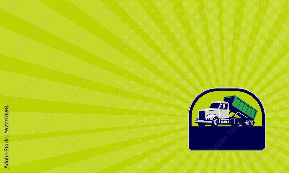 Poster business card showing illustration of a roll-off truck with container bin on back viewed from side s