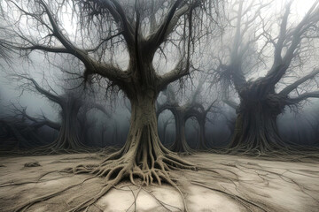 Petrifying, Sinister, Cursed Gnarled trees exude otherworldly energy with their twisted trunks and branches evoking a sense of deep unease in forest and city