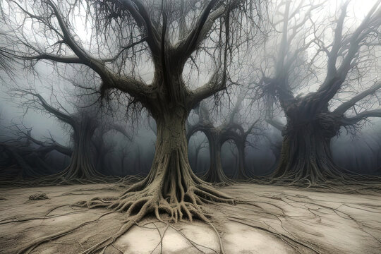Petrifying, Sinister, Cursed Gnarled trees exude otherworldly energy with their twisted trunks and branches evoking a sense of deep unease in forest and city