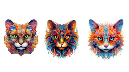  multicolor cute cat faces. gift card, birthday card, and colorful stickers concept. transparent png