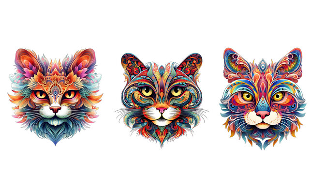  multicolor cute cat faces. gift card, birthday card, and colorful stickers concept. transparent png
