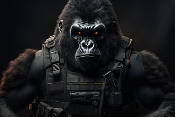 Generative AI.
gorilla soldier wearing armed vest