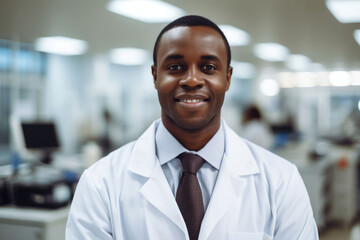 Portrait of happy african doctor at private clinic