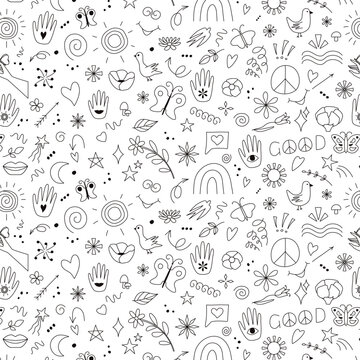 Hippie groovy background Seamless pattern Doodle style Backdrop for party decoration Black outline design Hand drawn vector illustration isolated