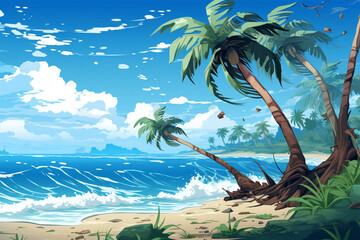 Generative AI.
Coconut trees on the beach anime style background