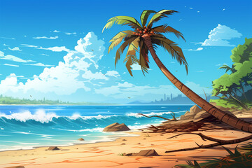 Obraz na płótnie Canvas Generative AI. Coconut trees on the beach anime style background