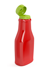 Open ketchup bottle on white background