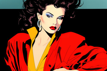 Portrait of a model, 80's style, retro look. Ai generative. Illustration