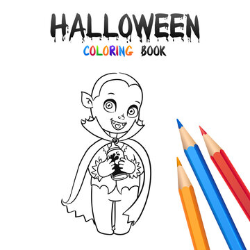 Cheerful Boy in Halloween Costume vampire. Halloween Coloring Book. Illustration for children vector cartoon character isolated on white background.