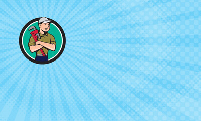 Business card showing Illustration of a plumber wearing hat looking to the side arms crossed holding monkey wrench viewed from front set inside circle on isolated background done in cartoon style.