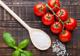 Fresh tomatoes with basil and spoon with salt on grunge wooden board