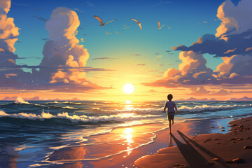 Generative AI.
anime style background of girl running on the beach