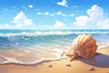 Obraz na płótnie Canvas Generative AI. Anima style background of a seashell on the beach
