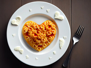 A dish of heart shaped pasta lying on a white plate when viewed from above. Generative AI