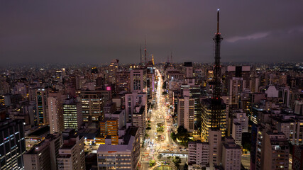 Aerial view of Av. Paulista in Sao Paulo, SP. Main avenue of the capital. Photo at night, with car...