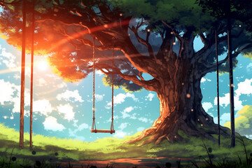Generative AI.
anime style background a swing on a tree - obrazy, fototapety, plakaty