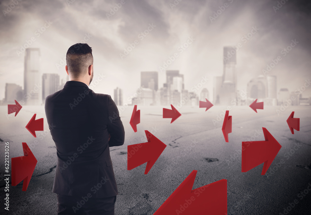 Poster 3d rendering of a man with arrows on asphalt with a cityscape on background