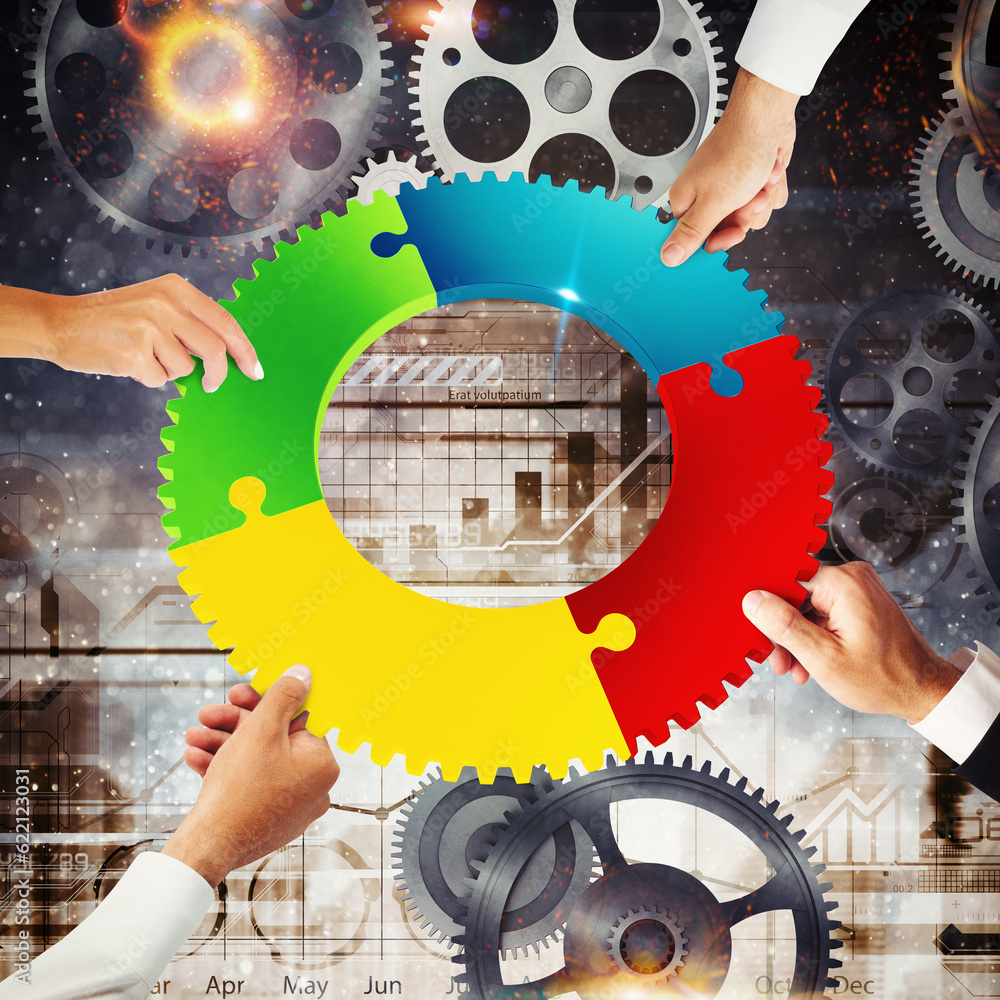 Poster business people join the colorful puzzle pieces of a gear. concept of teamwork and integration. 3d r