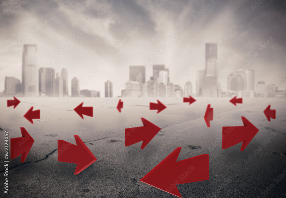 Aufkleber 3d rendering of arrows on asphalt with a cityscape on background