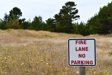 Fire lane no parking sign, field in background.