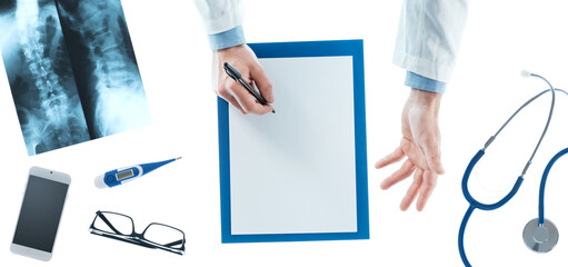Doctor writing a prescription and giving explanations on white background, top view