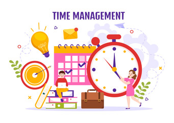 Obraz premium Time Management Vector Illustration with Clock Controls and Tasks Planning Training Activities Schedule in Flat Cartoon Hand Drawn Templates