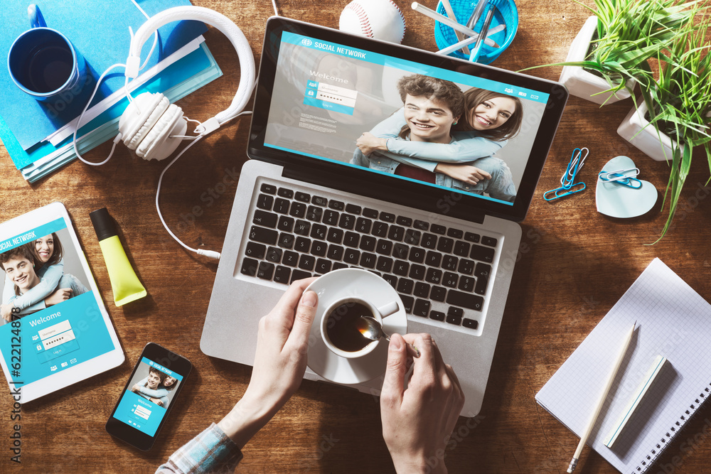 Poster social network user login, website mock up on computer screen, tablet and smartphone