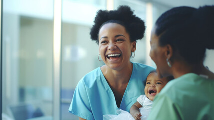 African female nurse holding a baby laughing