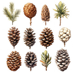 Watercolor pine cones set. Hand painted pine branch with cones isolated on white background. generative ai - obrazy, fototapety, plakaty
