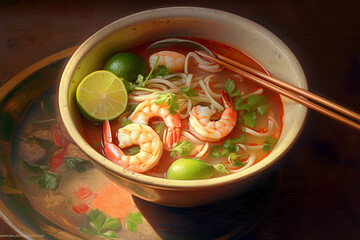Creamy Shrimp Tom Yum Noodles In the bowl are chilli, lime, coriander and shrimp. Thai food. Generative Ai..