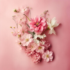 pink flowers in flatlay on pink background with copy space, top view. generative ai.
