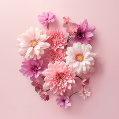 pink flowers in flatlay on pink background with copy space, top view. generative ai.