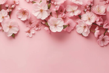 Naklejka na ściany i meble pink flowers in flatlay on pink background with copy space, top view. generative ai.