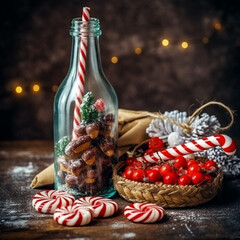 Cookies for Santa. Traditional Christmas homemade chocolate chip cookies, candy cane with Christmas decor on rustic wooden table. generative ai.
