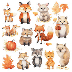 set of isolated cute foxes, Fox illustration watercolor. generative ai.