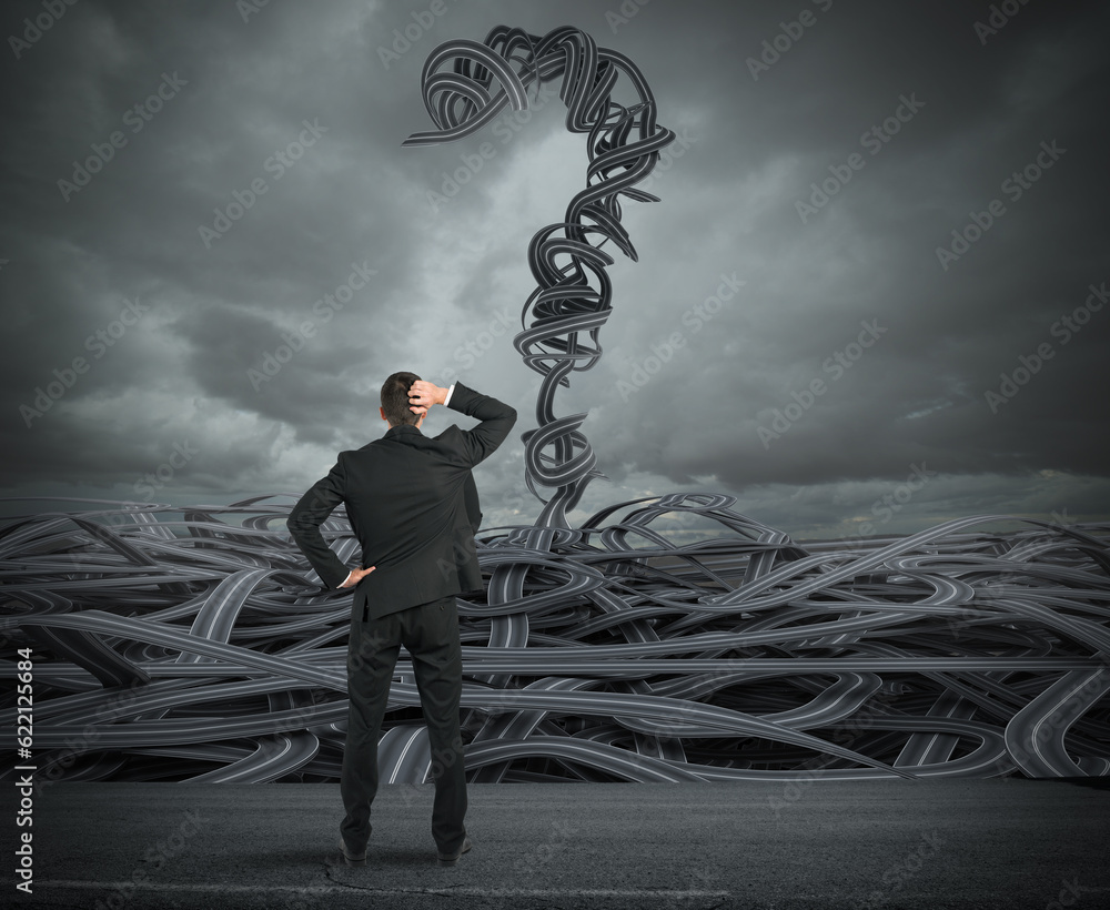 Poster 3d rendering difficult choices of a businessman watching a tangle of roads