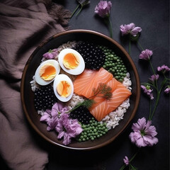 Fototapeta na wymiar Delicious meal of different , egg, salmon, cereals tomatoes, sesame seeds and seaweed in black plate, Asian cuisine. generative ai..