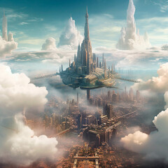 Beautiful city skyline with skyscrapers, clouds, light reflection, pointy towers. Painting, concept art, illustration. generative ai.