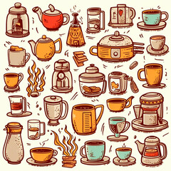 Coffee color black white doodle big set. Coffee to go, take away, coffee pots, cups and design elements. generative ai.