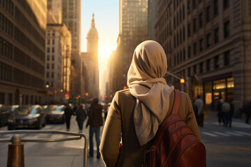 back view of anonymous asian muslim tourist at the street of nowhere. Travel and wanderlust concept. vacation and holiday.