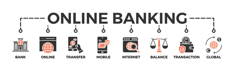 Online banking banner web icon vector illustration concept with icon of account, online payment, transfer funds, mobile banking, internet banking, balance check, transaction report, global transfer 