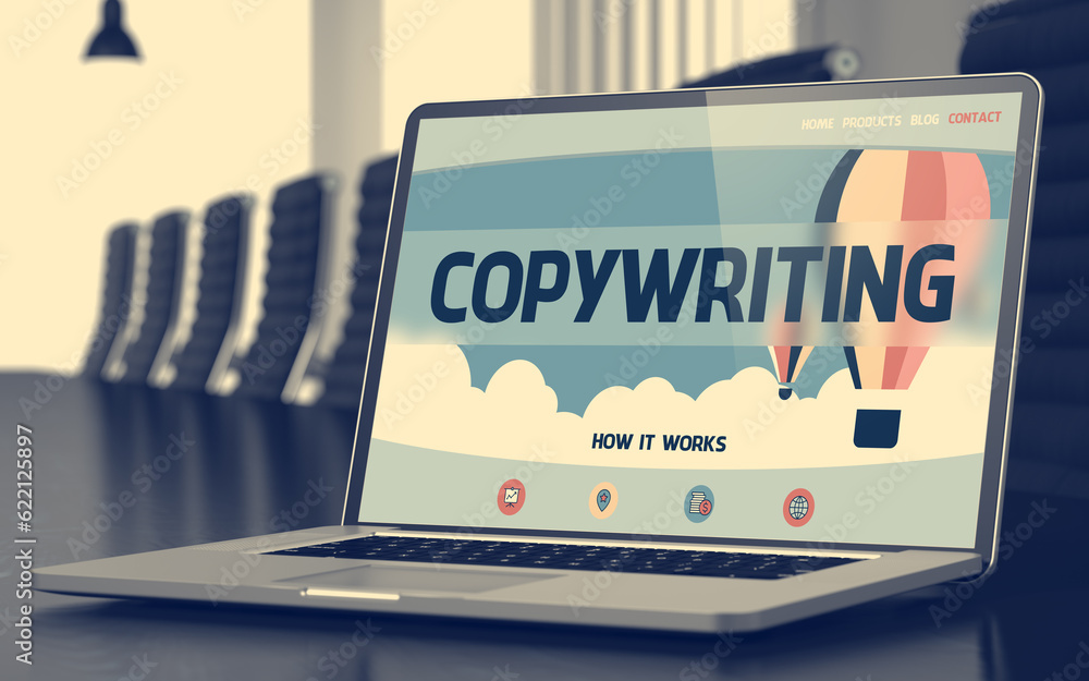 Poster copywriting concept. closeup of landing page on mobile computer screen in modern conference room. to