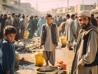 Family of Afghans collecting water on the streets of Kabul city with containers