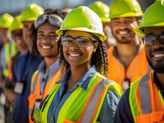 Youth workforce led by a young black woman wearing protective vests and helmets at industrial plant - obrazy, fototapety, plakaty