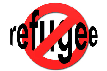 Stop refugee sign in red with white background, 3D rendering